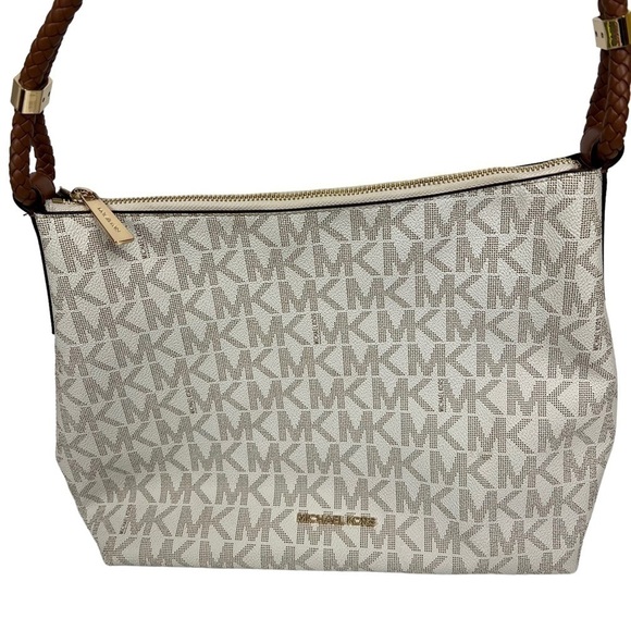 MICHAEL KORS Women’s Satchel Logo Purse Brown & Cream 14.5”x10” Braided Handle - Picture 2 of 14
